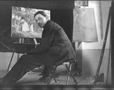Henri Evenepoel in zijn atelier voor het werk in uitvoering ‘Het eremonument van Sidi Jacoub te Blida’