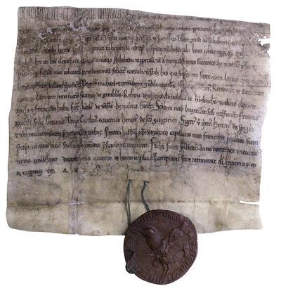Acte van Hendrik I, hertog van Brabant, waarin de belastingen op in Brussel verhandeld hout wordt geschonken aan het Sint-jansgasthuis, 14 augustus 1204. Perkament, zegel van bruine was. OCMW