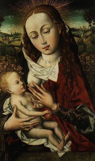 School van Rogier Van der Weyden, Madonna met kind, middenpaneel van een drieluik, einde vijftiende eeuw, olieverf op paneel, OCMW 