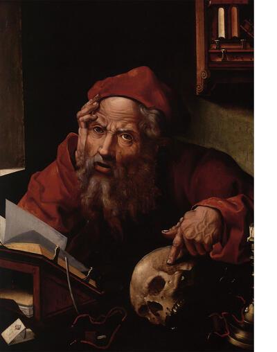 Anoniem meester (naar Quinten Metsys), Sint-Hiëronymus, mediterend over de dood, ca. 1520, olie op hout Collectie Erasmushuis, Anderlecht