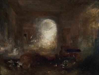 Joseph Mallord William Turner, Interieur van een landhuis; de salon van East Cowes Castle, ca. 1830, olieverf op doek,  brits,