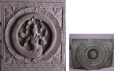  Naga in een lotus, 8ste eeuw, Alampur, Andhra Pradesh, graniet, Lotus medaillon (op een dwarsbalk van een omheining), 2de eeuw, uit de stupa van Amaravati, Andhra Pradesh, kalksteen, India,