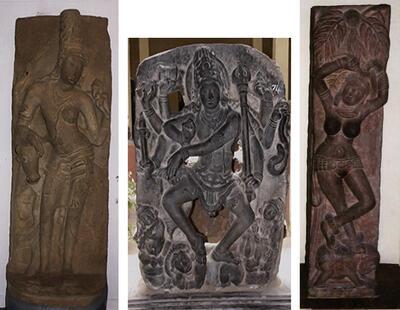 Nataraja, 11de-12de eeuw, Alampur, Andhra Pradesh, graniet,Shiva Ardhanarishvara, I10de eeuw, Chola dynastie, Tiruchinnampoondu, Tamil Nadu, steen, Yakshi (op pilaar van een omheining),  zandsteen, h 80 cm. State Museum, Lucknow, India,
