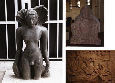 Staande Jina Parshvanatha, Zittende Boeddha, Late Kushana periode (2de - 3de eeuw), Govind Nagar, Mathura, Uttar Pradesh, zandsteen, Verering van Boeddha's, tulband 3de eeuw, Ikshvakudynastie, Nagarjunakonda, Andhra Pradesh, kalksteen, India,