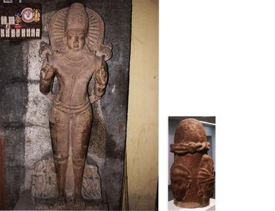 Shiva linga, 8ste -12de eeuw, Alampur, Andhra Pradesh, steen. Zonnegod Soerya, 7de- 8ste eeuw, Alampur, Andhra Pradesh, graniet, India,