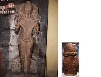 Shiva linga, 8ste -12de eeuw, Alampur, Andhra Pradesh, steen. Zonnegod Soerya, 7de- 8ste eeuw, Alampur, Andhra Pradesh, graniet, India,