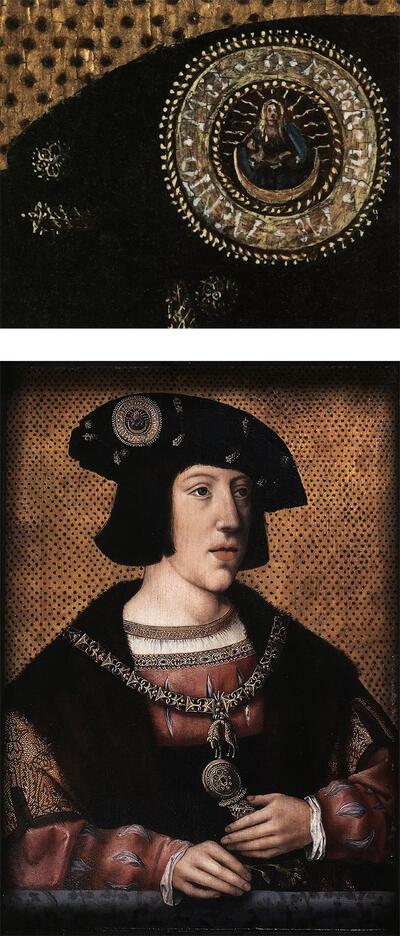 Naar Barend van Orley (ca. 1488-1541 ), portret van Karel V met insigne Maria en Kind op de maansikkel, ca. 1515, eiken paneel, sieraad,