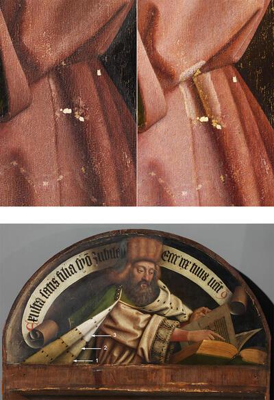 Detail van het overschilderde roze kleed van Elisabeth Borluut en van het paneel ‘De Aartsengel Gabriël en de Profeet Zacharias’ tijdens reiniging, Lam Gods,
