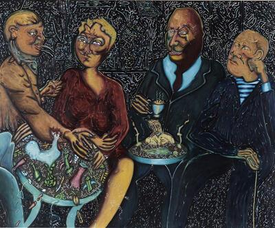 Pjeeroo Roobjee, Kapoenen in café De Kolk, 2001, olieverf op doek, schilderkunst,