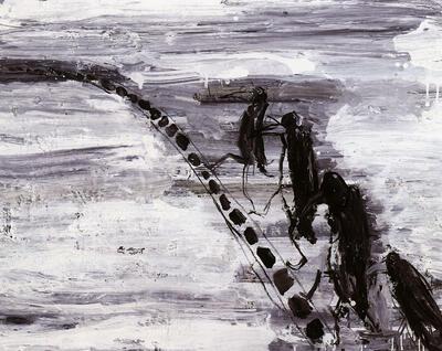 Philippe Vandenberg, De grens (de boodschappers), 1998- 1999, olieverf en houtskool op canvas, schilderkunst,