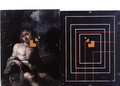 Franky D.C., About Balloon, Help, 1995, olieverf op 17de-eeuws paneelfragment, Heyden·Kassette voor röntgenopnamen, alkydverf, schilderkunst,