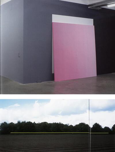 Pieter Vermeersch, Untitled, 2005 Foto van een installatie op een tentoonstelling in Koraalberg Gallery, Pieter Vermeersch, Untitled, 2003. Foto van de installatie in het landschap te Speelhoven-Aarschot, schilderkunst,