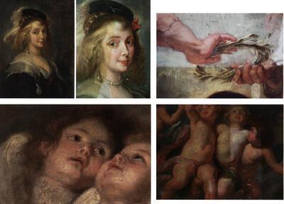 Portret van Helena Fourment voor en tijdens de restauratie. De Kroning van Maria tijdens de restauratie.