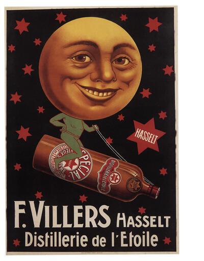 Anoniem, F. Villers. Distillerie de I'Etoile, affiche, ca. 1933, voor stokerij Villers, Hasselt. Collectie Nationaal Jenevermuseum, Hasselt