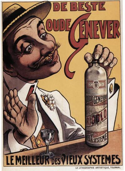 Léon Belloguet, De beste oude genever. Le meilleur des vieux systèmes, affiche, ca. 1900, voor stokerij Bekaert, Sint-Amandsberg. Collectie Nationaal Jenevermuseum Hasselt