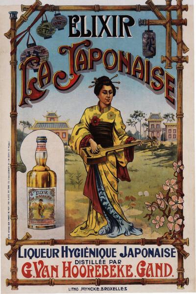 Anoniem, Elixir La Japonnaise. Liqueur Hygiénique Japonnaise, affiche, ca.1905, voor stokerij Van Hoorebeke, Gent. Collectie Nationaal Jenevermuseum Hasselt