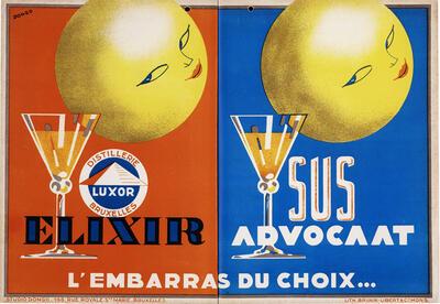René Magritte, Elixir Luxor. Sus Advocaat. L' Ernbarras du Choix, pancarte, ca. 1935-1936, voor stokerij Luxor, Brussel. Collectie Nationaal Jenevermuseum Hasselt