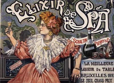 Raphaël Lagye, Elixir de Spa, affiche, ca. 1898, voor stokerij Schaltin, Pierry en Cie, Spa. Collectie Nationaal Jenevermuseum Hasselt
