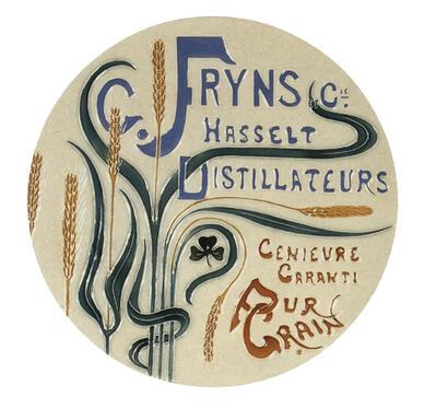 Reclameschotel vervaardigd in de Hasseltse keramiekfabriek voor stokerij Fryns, Hasselt, ca. 1895-1914, Collectie Nationaal Jenevermuseum Hasselt