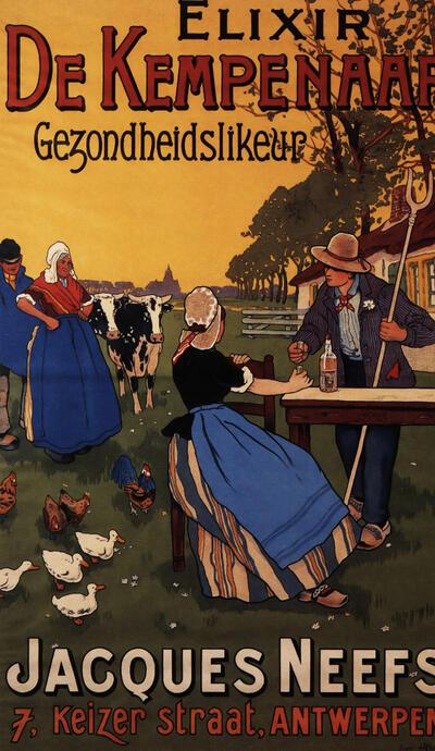 Henri Cassiers, Elixir De Kempenaar. Gezondheidslikeur, affiche, ca. 1903, voor stokerij Neefs, Antwerpen. Collectie Nationaal Jenevermuseum Hasselt