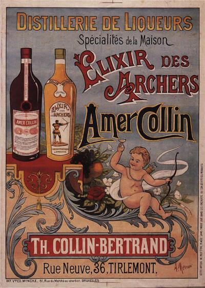 Auguste Morren, Elixir des Archers. Amer Collin, affiche, ca. 1896-1903, voor stokerij Collin-Bertrand, Tienen. Collectie Nationaal Jenevermuseum Hasselt