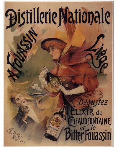 Fernand Toussaint, Distillerie Nationale A. Fouassin, affiche, ca. 1896-1897, voor stokerij Fouassin, Luik. Collectie Nationaal Jenevermuseum Hasselt