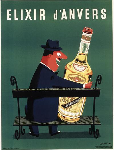 Julian Key, Elixir d'Anvers, affiche, ca. 1956, voor stokerij De Beukelaer,Antwerpen. jenevermuseum,