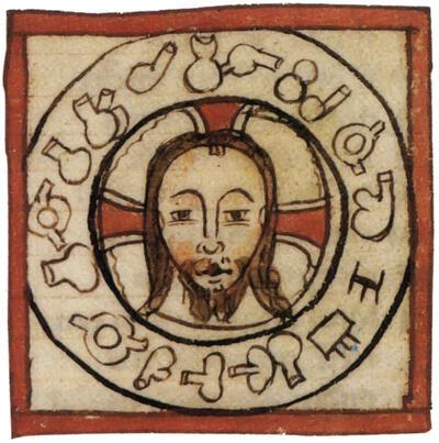 Christuskop omringd met alchemistische symbolen, illustratie uit een handschrift van Gratheus. Osterreichische Nationalbibliothek, Wenen, jenevermuseum,