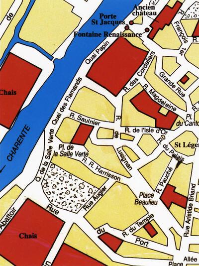 Grondplan van Cognac met in het rood de aanduiding van de cognachuizen vlakbij de Quai des Flamands, jenevermuseum,