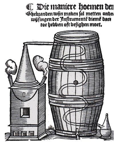 Alambiek om brandewijn te produceren, afbeelding uit Philippus Hermanni, Een constich distillerboeck, Antwerpen, 1570. Rijksarchief, Gent (Inventaris van het Archief van de Raad van Vlaanderen 25032) jenevermuseum