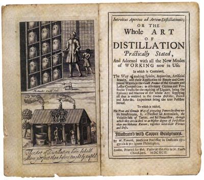 Titelblad van W. Y. -Worth, The Whole Art of Distillation, Joh. Taylor, Londen, 1692. De gravures zijn gemaakt door de Vlaming M. Vander Gucht en de auteur was "geboortigh tot Shipham (Schiedam) et Burger van Rotterdam. Collectie Nationaal Jenevermuseum Hasselt