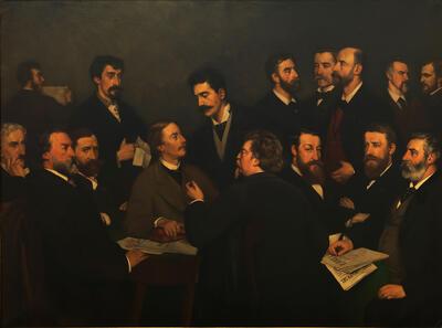Edmond Lambrichs, Portretten van de leden van la Société Libre des Beaux-Arts, olieverf op doek, fin-de-sieclemuseum,