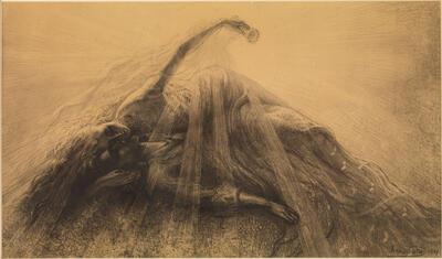 Jean Delville, Tristan en Isolde, 1887, potlood, zwart krijt en houtskool op papier, fin-de-sieclemuseum