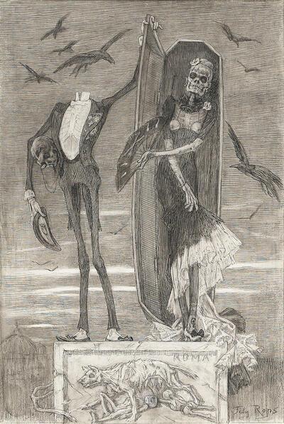 Félicien Rops, Le Vice suprême, (1884), potlood, Oost-Indische inkt, gehoogd met witte gouache op papier, fin-de-sieclemuseum.