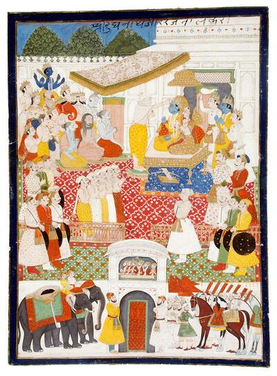 Tentoonstellingsnummer 90 De kroning van Rama door de wijze Vashishtha Jodhpur-stijl, Rajasthan, begin 19de eeuw Papier, Ramayana,