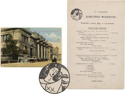 Brussel, Koninklijk Museum voor Schilder- en Beeldhouwkunst, 1913, postkaart.Programma van het derde ‘Concert d’oeuvres modernes’, 4 maart 1892. Fin-de-sieclemusea,