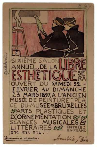 Ansichtkaart van Théo van Rysselberghe aan Octave Maus met het ontwerp van de affiche voor het zesde salon van La Libre Esthétique, Brussel, fin-de-sieclemuseum