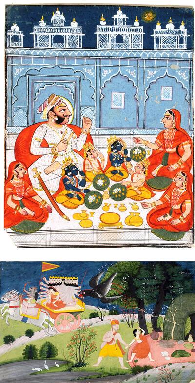Ramayana, Rama en zijn broers aan de feestdis in het gezelschap van Raja Dasharatha en zijn drie koninginnen in het paleis van Ayodhya. Kotah-stijl, Rajasthan,, Ontvoering van Sita uit Panchavati door Ravana. De vogel Jatayu probeert haar te redden.