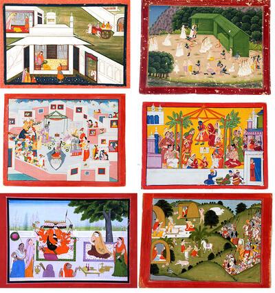 Ramayana, Rama en Lakshmana nemen afscheid van hun moeder en van Raja Dasharatha, Bharata bezoekt Rama in Chitrakuta met zijn moeders., Sita keert terug naar Moederaarde Kangra-stijl, Ravana vraagt Sita ten huwelijk te Asoka Vatika. Lava en Kush maken het offerpaard vast aan een bananenboom bij het kluizenaarsverblijf van de wijze Valmiki. Kangra-stijl, Pahari,