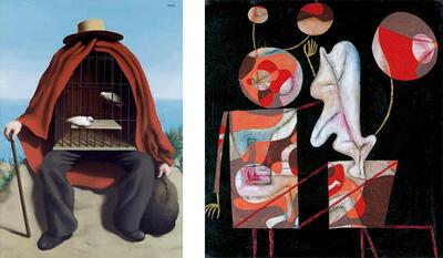 René Magritte, Le thérapeute II, 1937, olieverf op doek, Paul Klee, Marionettes,  1930, olieverf op karton, Urvater,