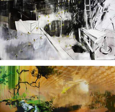 Greet Van Autgaerden, Kamp 1992, 2009, houtskool en inkt op papier, Point of return #3, 2013, olieverf op doek,    