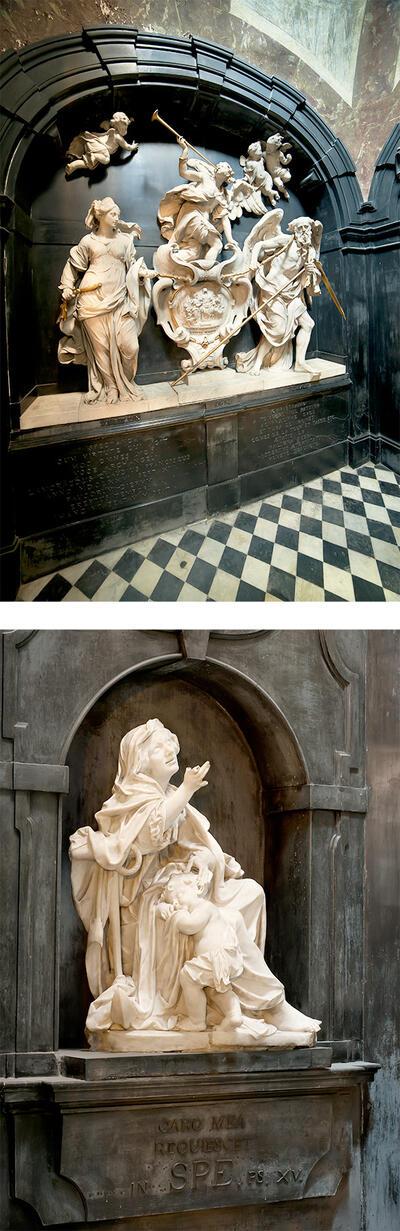 Aan de rechterzijde van de vestibule staat Lamorals grafmonument, van de hand van Mattheus van Beveren. Gabriël Grupello, Spes, ca. 1673-1688, Carrara-marmer, hoogte 100 cm De vrouw met het anker symboliseert Spes of de Hoop.
