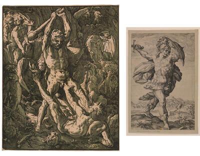 Hendrick Goltzius, Hercules en Cacus, clair-obscurhoutsnede MUSEA BRUGGE, GROENINGEMUSEUM, PRENTENKABINET Hendrick Goltzius, Horatius Cocles, gravure MUSEA BRUGGE, GROENINGEMUSEUM, PRENTENKABINET. Maniërisme.