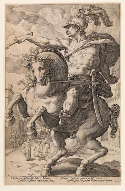 Hendrick Goltzius, Marcus Curtius, gravure. Maniërisme
