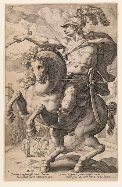 Hendrick Goltzius, Marcus Curtius, gravure. Maniërisme