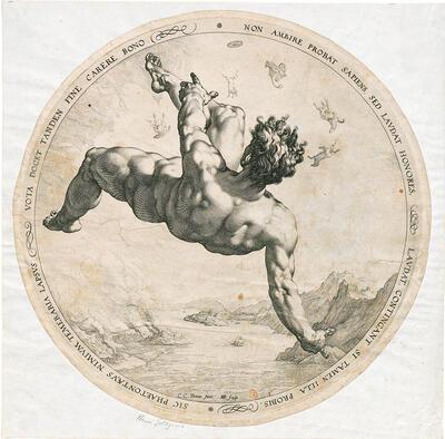 Hendrick Goltzius naar Cornelis Cornelisz. van Haarlem, Phaeton, gravure MUSEA BRUGGE, GROENINGEMUSEUM, PRENTENKABINET. Maniërisme