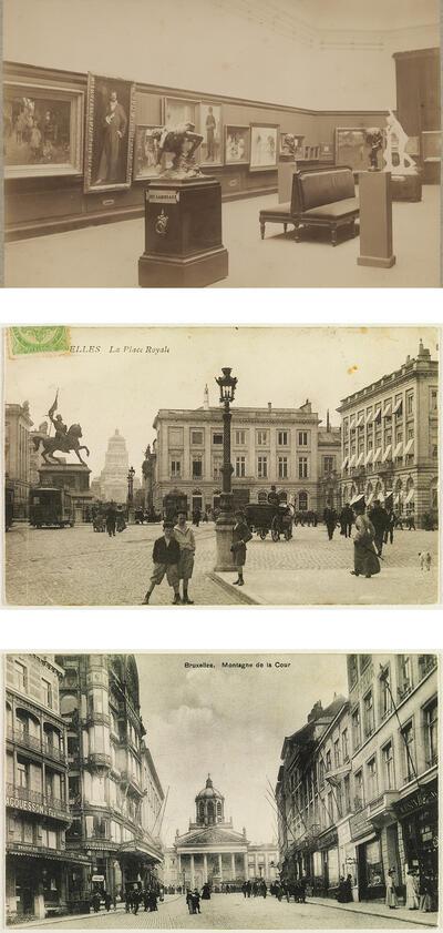 Zaalzicht tentoonstelling Les XX KONINKLIJKE MUSEA VOOR SCHONE KUNSTEN VAN BELGIË, BRUSSEL Brussel, Koningsplein, 1909, postkaart PRIVÉCOLLECTIE Brussel, Hofberg, postkaart, fin-de-sieclemuseum.