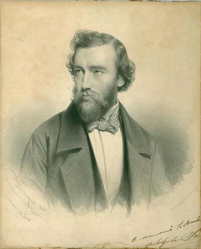 Adolphe Sax, gravure naar Charles Baugniet (1814-1886) met opdracht “à mon ami V.[alentin]Bender”, ondertekend Adolphe Sax Adolphe Sax