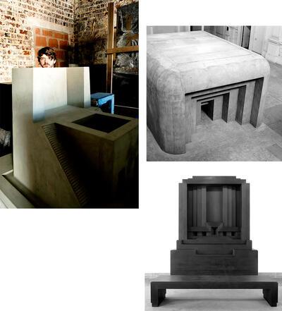 Renato Nicolodi, Antrum III, 2003, cement en hout, Iconostasis I, 2013, eikenhout,