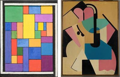Georges Vantongerloo, Studie nr. III, 1919-1920, caseïne op paneel, 30 x 22,5 cm museum voor schone kunsten, gent Marthe Donas, Abstracte compositie nr. 6, 1920, olieverf op paneel, 63 x 48 cm privéverzameling, modernisme